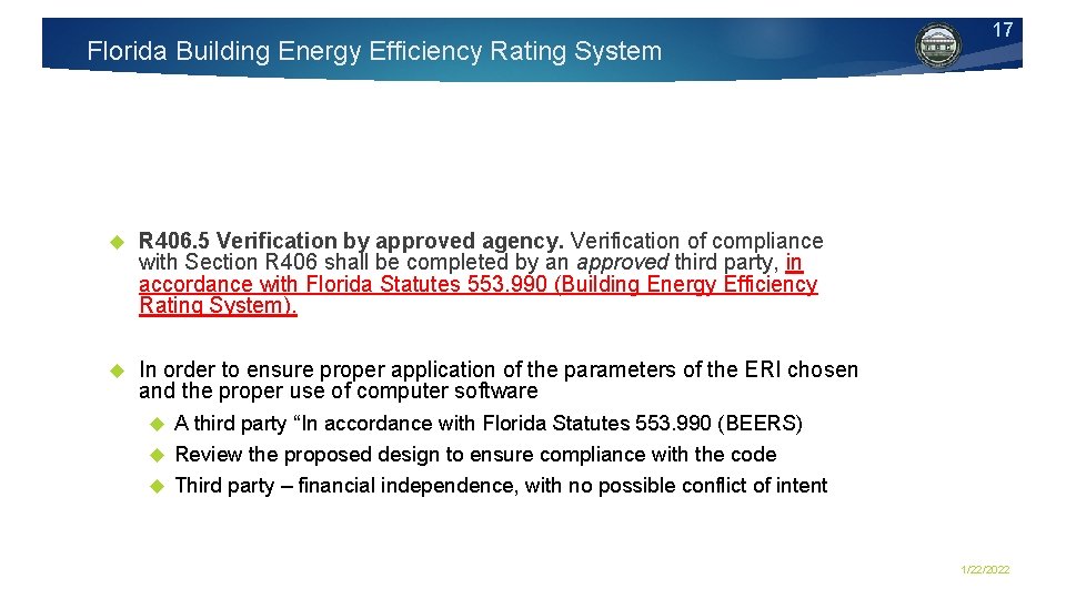 Florida Building Energy Efficiency Rating System R 406. 5 Verification by approved agency. Verification