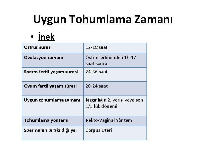 Uygun Tohumlama Zamanı • İnek Östrus süresi 12 -18 saat Ovulasyon zamanı Östrus bitiminden