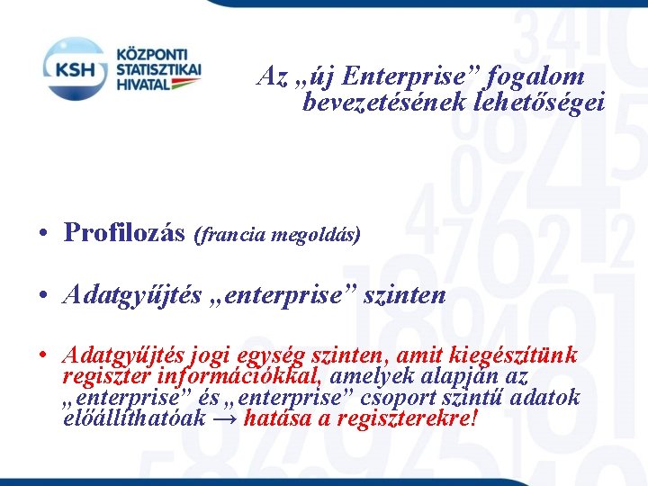 Az „új Enterprise” fogalom bevezetésének lehetőségei • Profilozás (francia megoldás) • Adatgyűjtés „enterprise” szinten