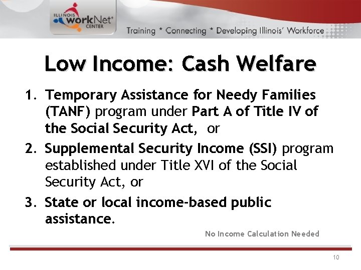 Low Income: Cash Welfare 1. Temporary Assistance for Needy Families (TANF) program under Part