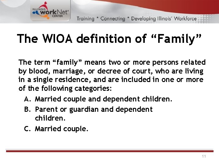 The WIOA definition of “Family” The term “family” means two or more persons related