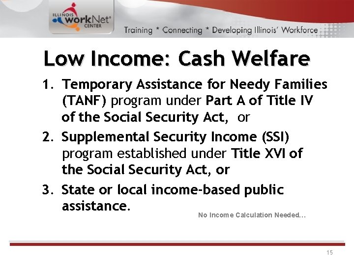 Low Income: Cash Welfare 1. Temporary Assistance for Needy Families (TANF) program under Part