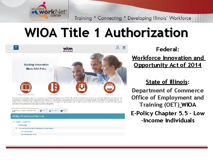 WIOA Title 1 Authorization Federal: Workforce Innovation and Opportunity Act of 2014 State of