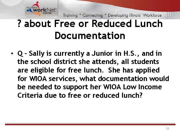 ? about Free or Reduced Lunch Documentation • Q – Sally is currently a