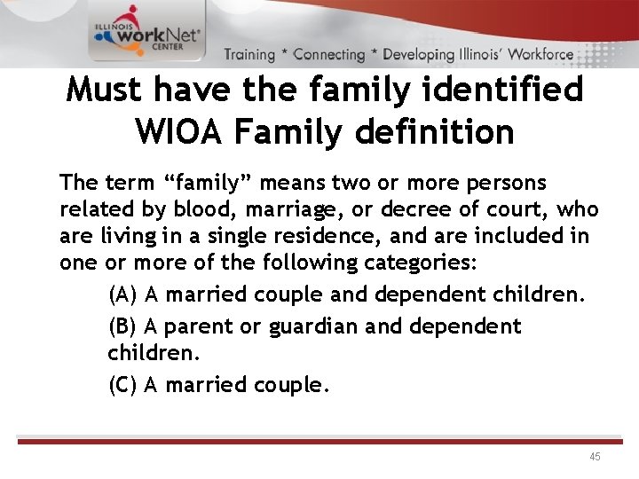 Must have the family identified WIOA Family definition The term “family” means two or