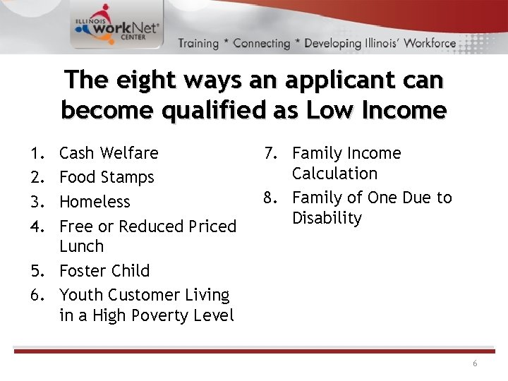 The eight ways an applicant can become qualified as Low Income 1. 2. 3.