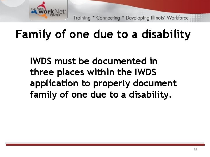 Family of one due to a disability IWDS must be documented in three places