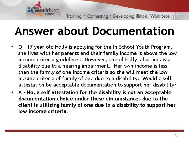 Answer about Documentation • Q – 17 year-old Holly is applying for the In-School