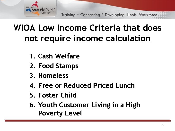 WIOA Low Income Criteria that does not require income calculation 1. 2. 3. 4.