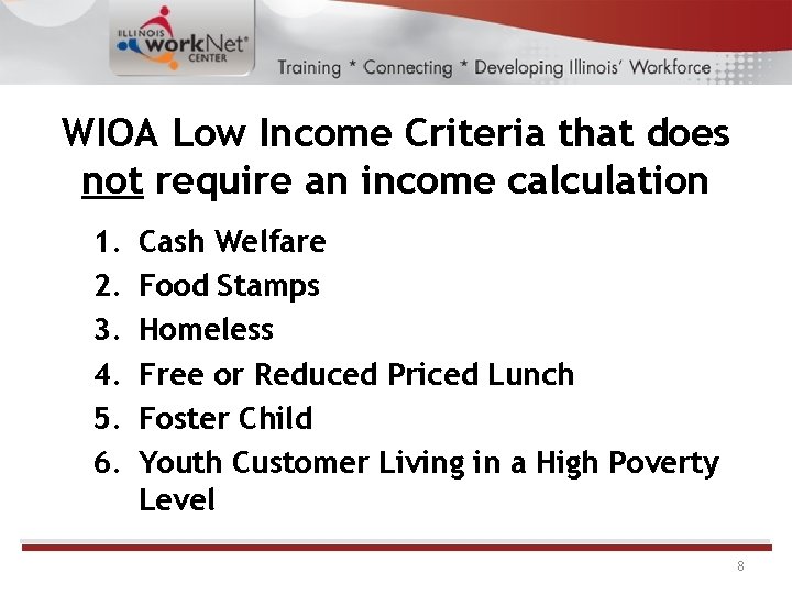 WIOA Low Income Criteria that does not require an income calculation 1. 2. 3.