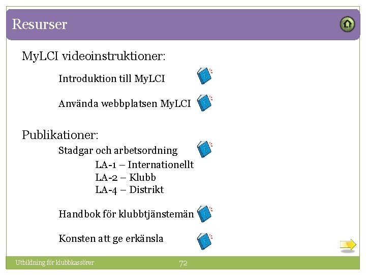 Resurser My. LCI videoinstruktioner: Introduktion till My. LCI Använda webbplatsen My. LCI Publikationer: Stadgar