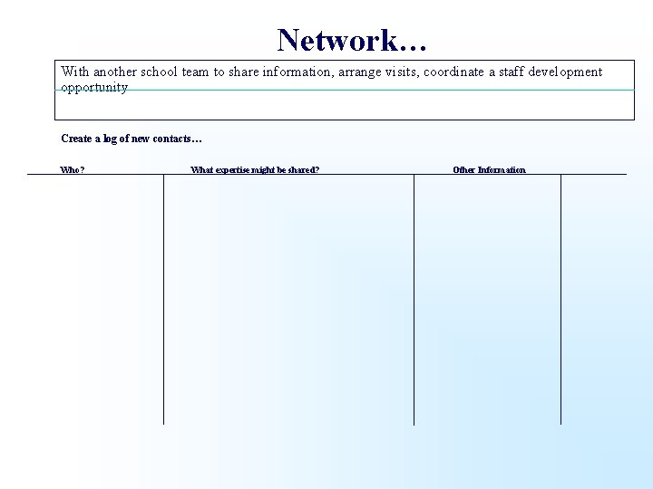 Network… With another school team to share information, arrange visits, coordinate a staff development