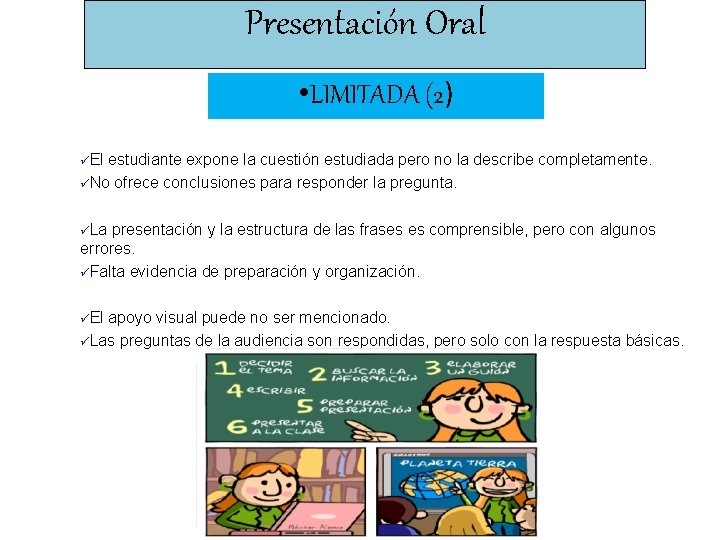 Presentación Oral • LIMITADA (2) üEl estudiante expone la cuestión estudiada pero no la