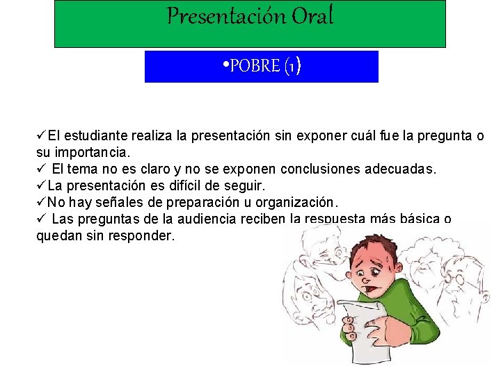 Presentación Oral • POBRE (1) üEl estudiante realiza la presentación sin exponer cuál fue