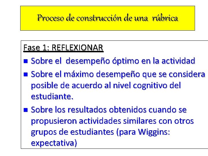 Proceso de construcción de una rúbrica Fase 1: REFLEXIONAR n Sobre el desempeño óptimo