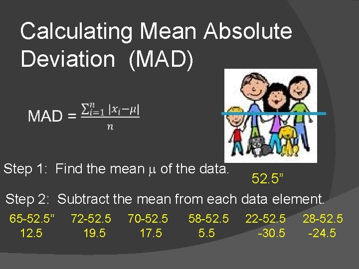 Calculating Mean Absolute Deviation (MAD) Step 1: Find the mean m of the data.
