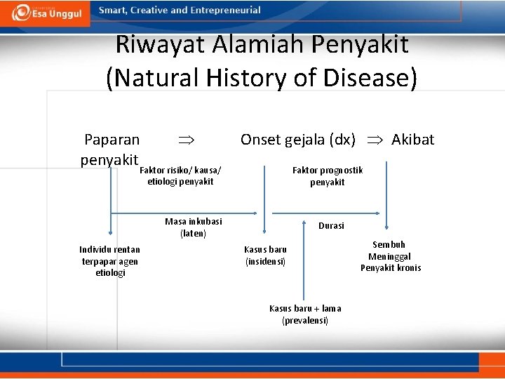 Riwayat Alamiah Penyakit (Natural History of Disease) Paparan penyakit. Faktor risiko/ kausa/ Onset gejala