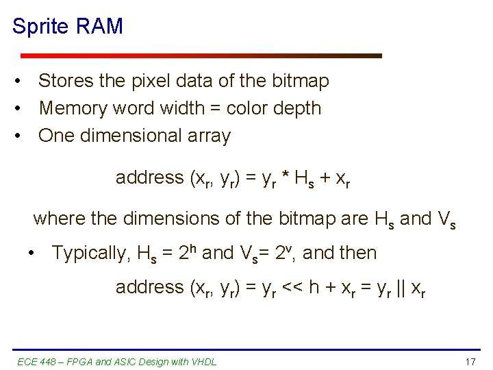 Sprite RAM • Stores the pixel data of the bitmap • Memory word width