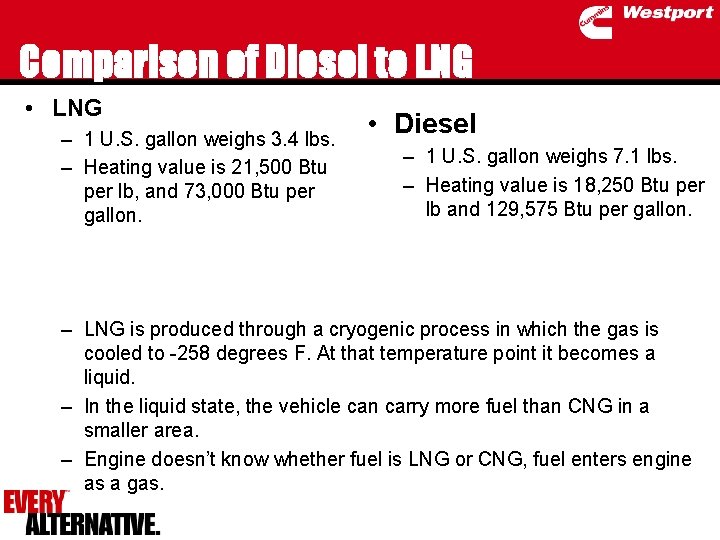 Comparison of Diesel to LNG • LNG – 1 U. S. gallon weighs 3.