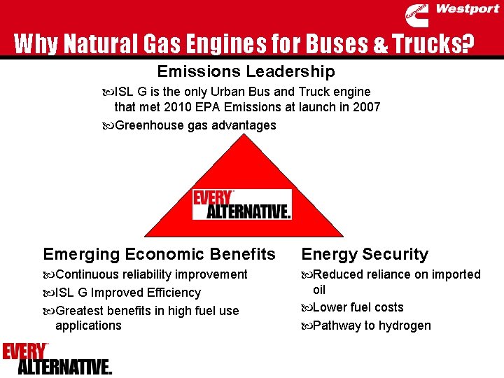 Why Natural Gas Engines for Buses & Trucks? Emissions Leadership ISL G is the