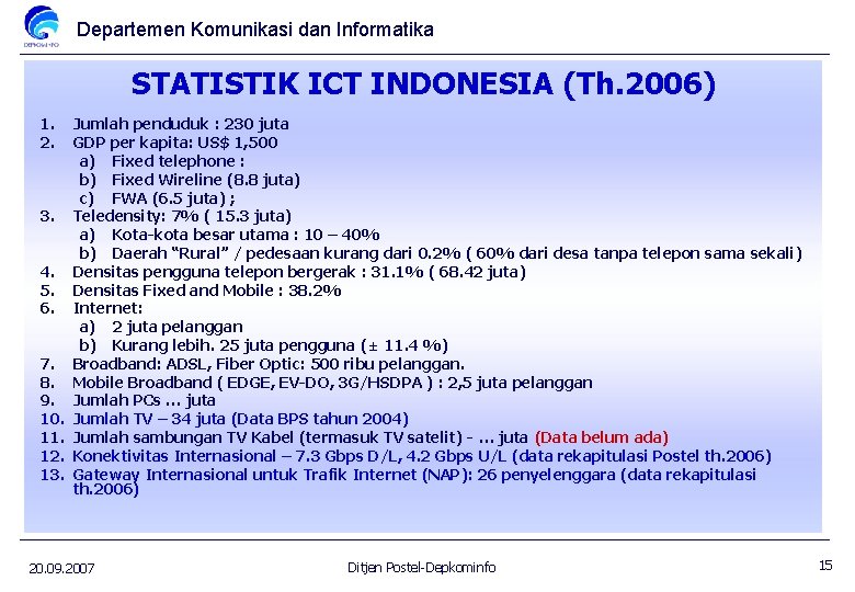 Departemen Komunikasi dan Informatika STATISTIK ICT INDONESIA (Th. 2006) 1. 2. 3. 4. 5.