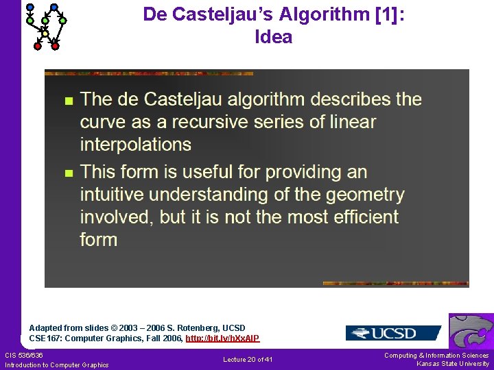 De Casteljau’s Algorithm [1]: Idea Adapted from slides © 2003 – 2006 S. Rotenberg,