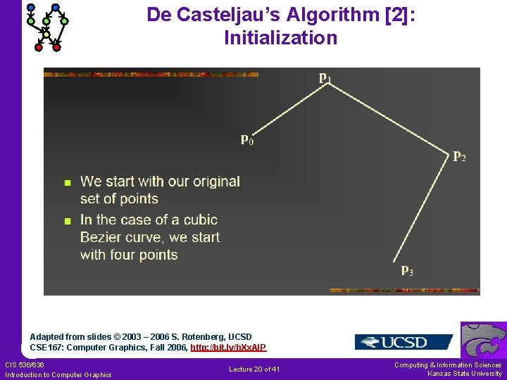 De Casteljau’s Algorithm [2]: Initialization Adapted from slides © 2003 – 2006 S. Rotenberg,