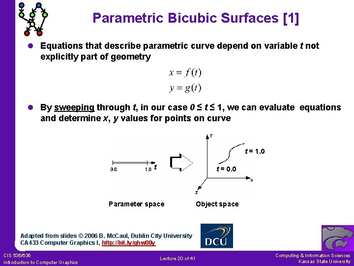 Parametric Bicubic Surfaces [1] l Equations that describe parametric curve depend on variable t