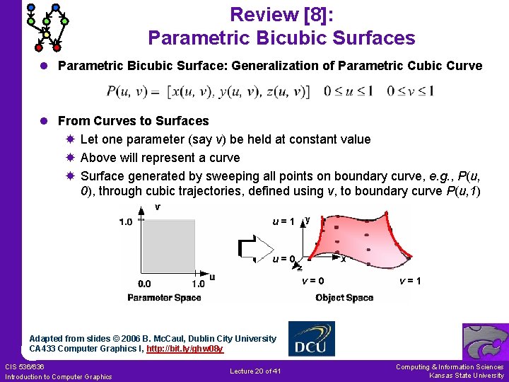 Review [8]: Parametric Bicubic Surfaces l Parametric Bicubic Surface: Generalization of Parametric Cubic Curve