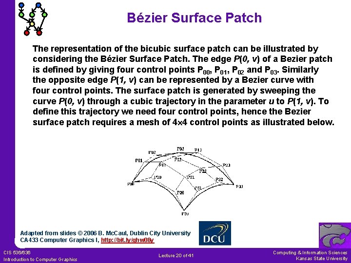Bézier Surface Patch The representation of the bicubic surface patch can be illustrated by
