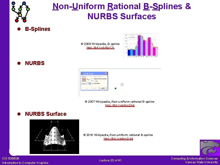 Non-Uniform Rational B-Splines & NURBS Surfaces l B-Splines © 2009 Wikipedia, B-spline http: //bit.