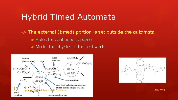 Hybrid Timed Automata The external (timed) portion is set outside the automata Rules for