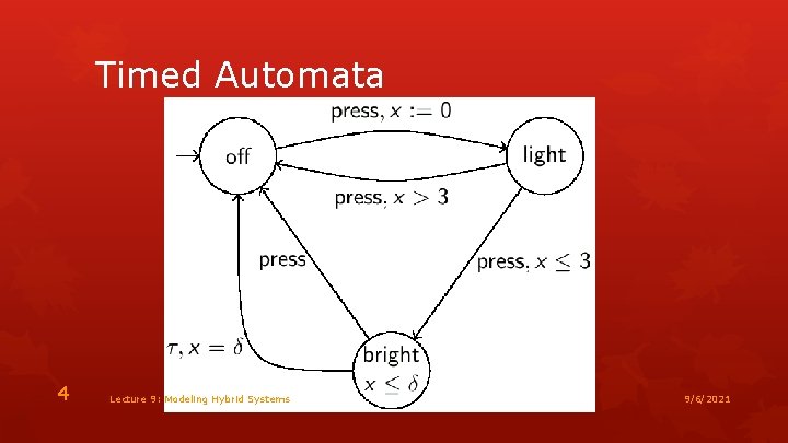 Timed Automata 4 Lecture 9: Modeling Hybrid Systems 9/6/2021 