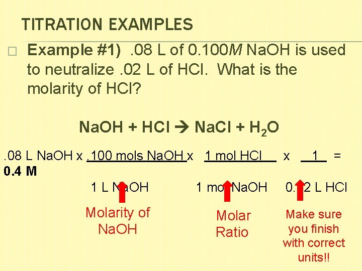 TITRATION EXAMPLES � Example #1). 08 L of 0. 100 M Na. OH is