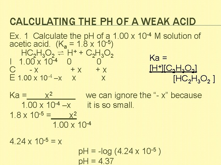 CALCULATING THE PH OF A WEAK ACID Ex. 1 Calculate the p. H of