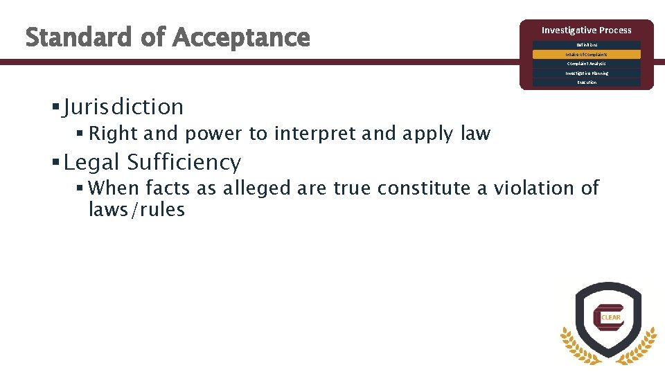 Standard of Acceptance Investigative Process Definitions Intake of Complaints Complaint Analysis Investigative Planning Execution