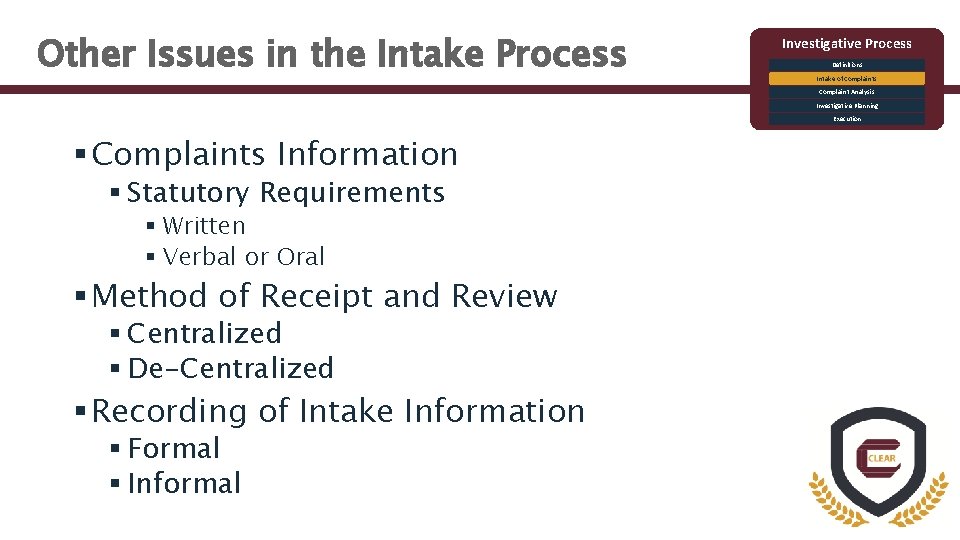 Other Issues in the Intake Process Investigative Process Definitions Intake of Complaints Complaint Analysis