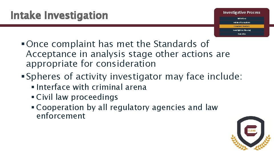 Intake Investigation Investigative Process Definitions Intake of Complaints Complaint Analysis Investigative Planning Execution §