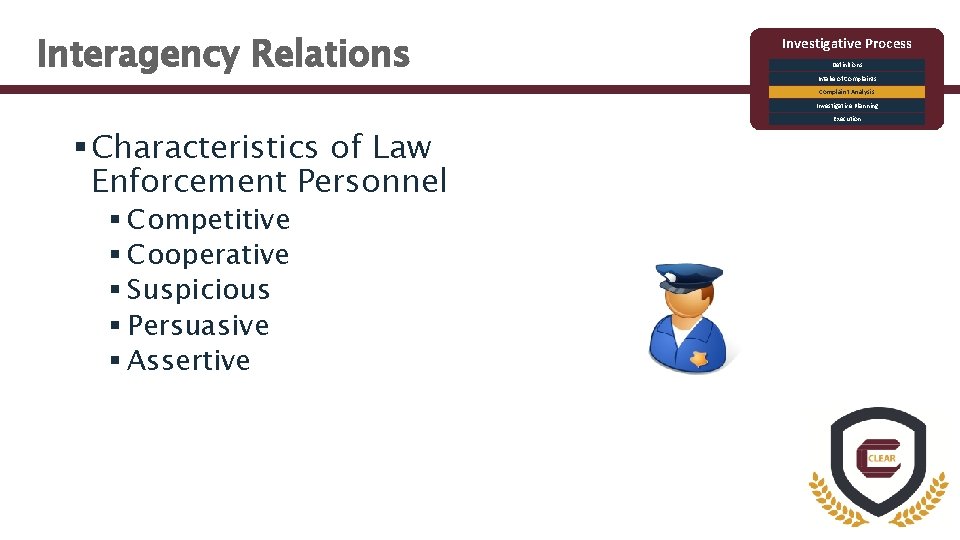 Interagency Relations Investigative Process Definitions Intake of Complaints Complaint Analysis Investigative Planning § Characteristics