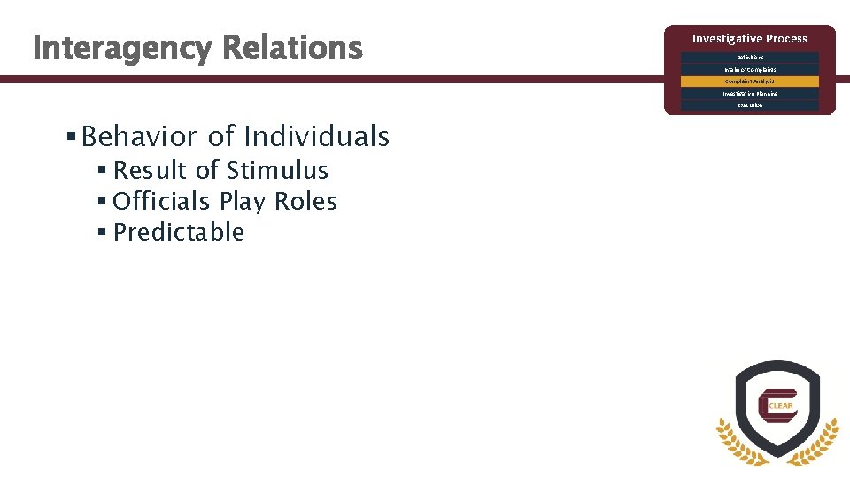 Interagency Relations Investigative Process Definitions Intake of Complaints Complaint Analysis Investigative Planning Execution §