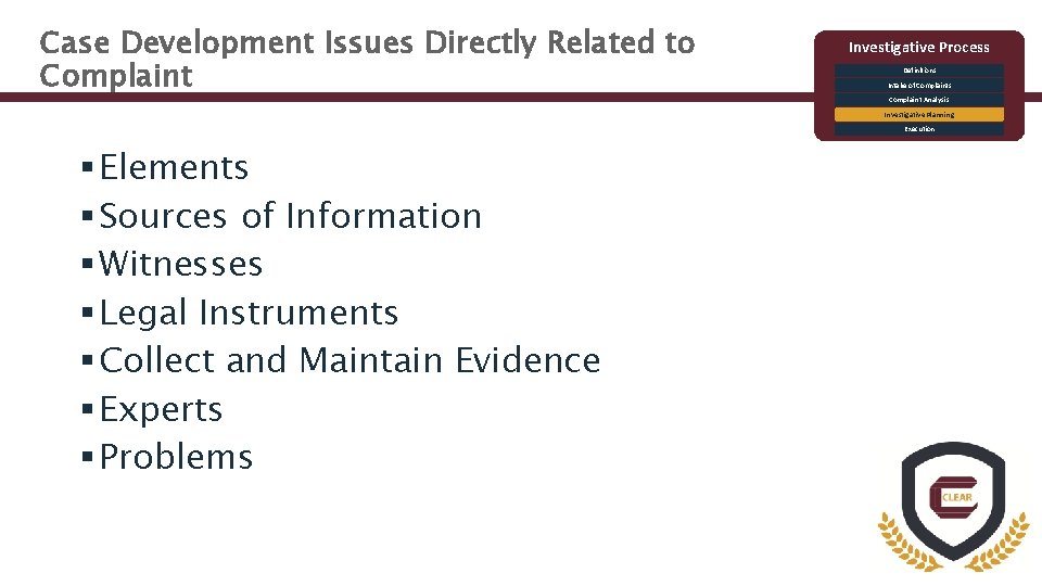 Case Development Issues Directly Related to Complaint Investigative Process Definitions Intake of Complaints Complaint