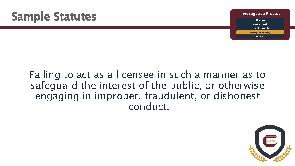 Sample Statutes Investigative Process Definitions Intake of Complaints Complaint Analysis Investigative Planning Execution Failing