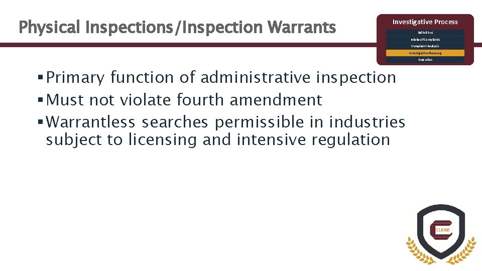 Physical Inspections/Inspection Warrants Investigative Process Definitions Intake of Complaints Complaint Analysis Investigative Planning Execution