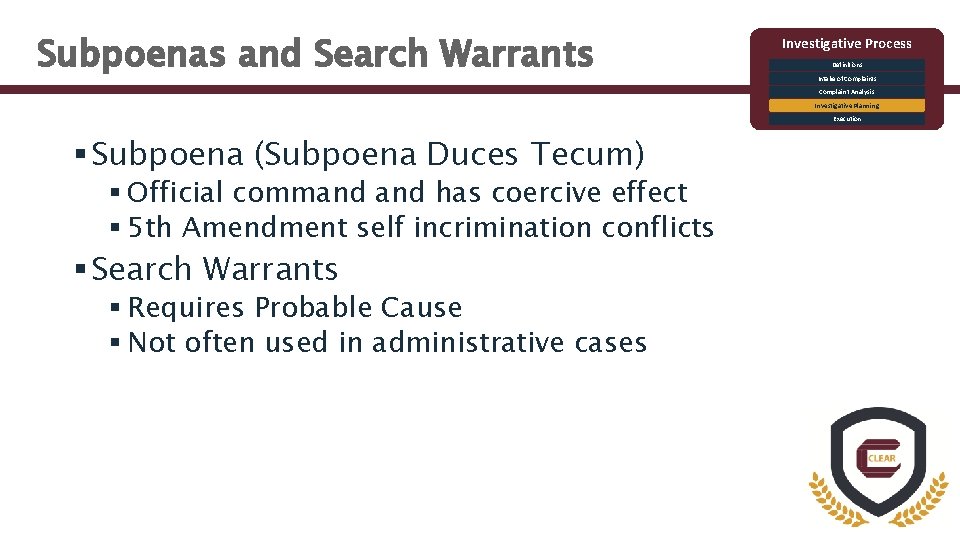 Subpoenas and Search Warrants Investigative Process Definitions Intake of Complaints Complaint Analysis Investigative Planning