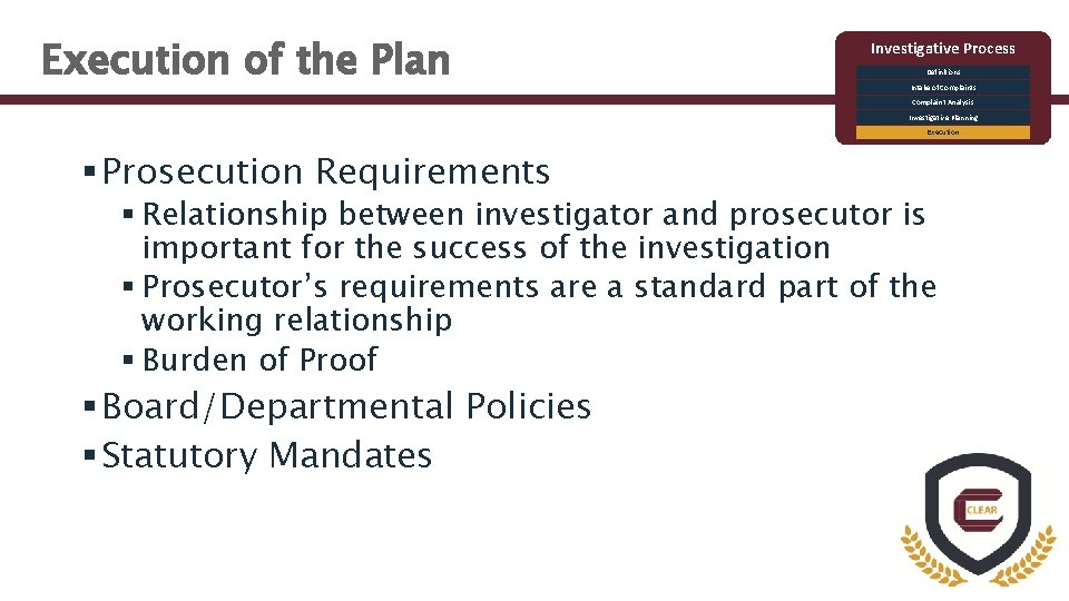 Execution of the Plan Investigative Process Definitions Intake of Complaints Complaint Analysis Investigative Planning