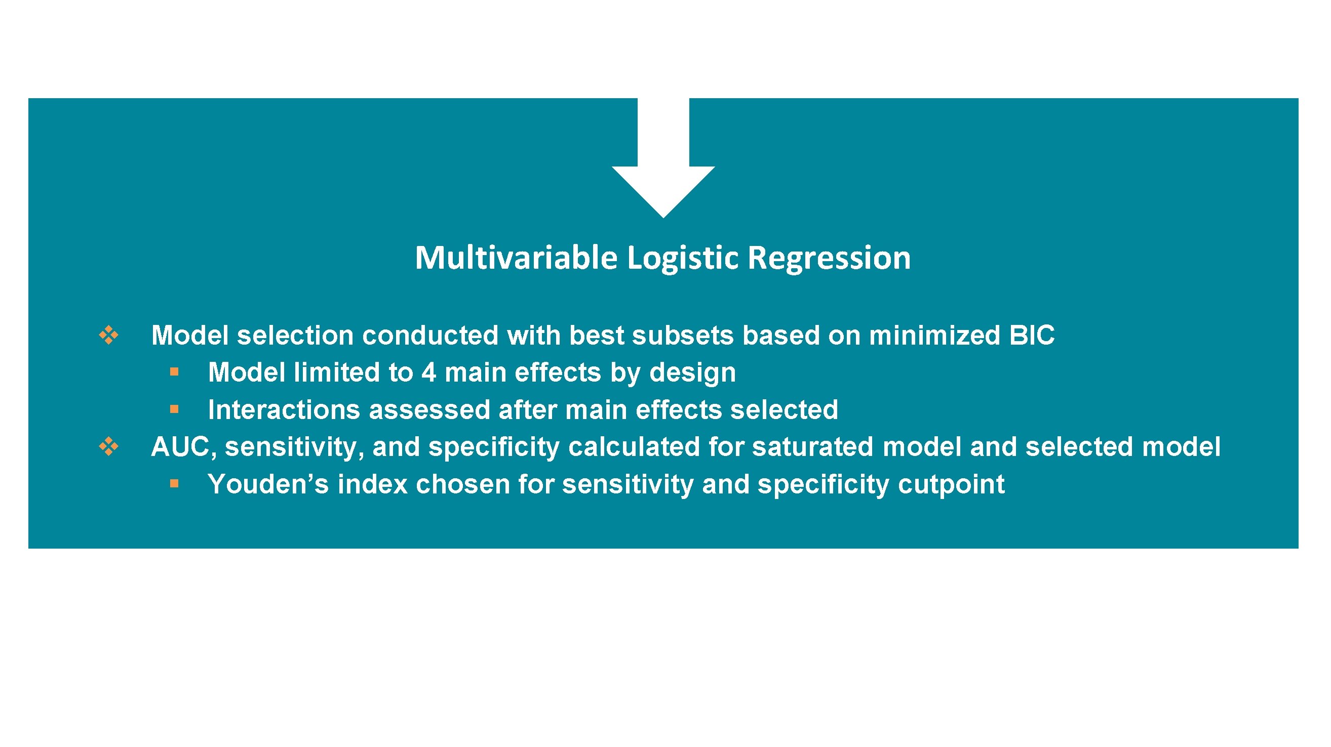 Multivariable Logistic Regression v v Model selection conducted with best subsets based on minimized