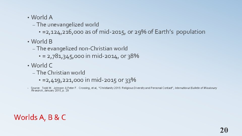  • World A – The unevangelized world • =2, 124, 216, 000 as