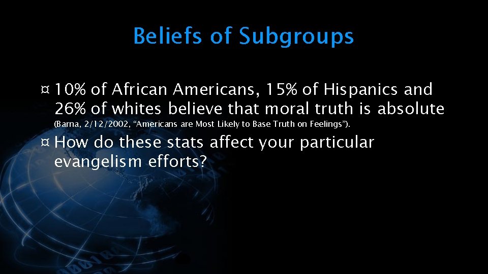 Beliefs of Subgroups ¤ 10% of African Americans, 15% of Hispanics and 26% of