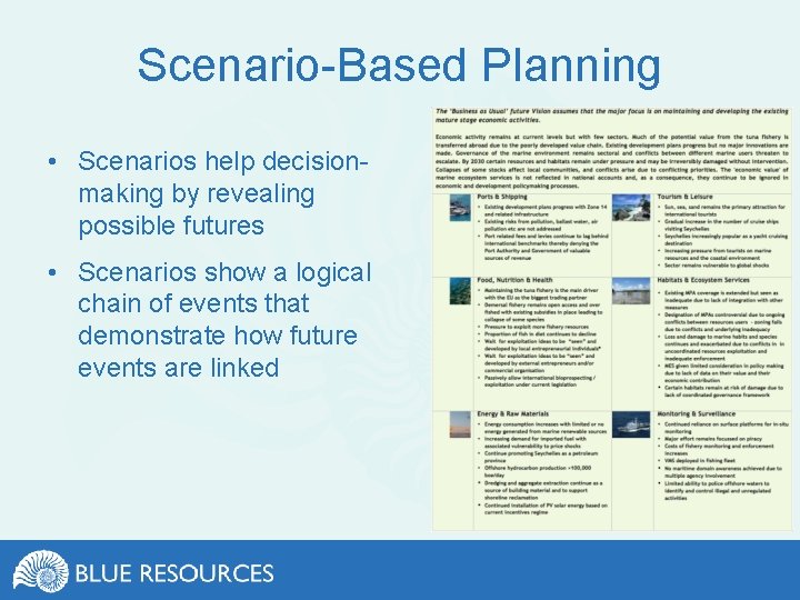 Scenario-Based Planning • Scenarios help decisionmaking by revealing possible futures • Scenarios show a
