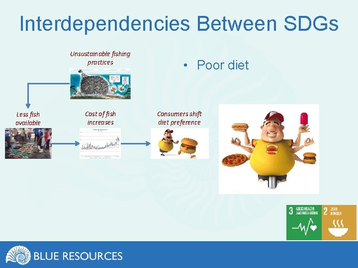 Interdependencies Between SDGs Unsustainable fishing practices Less fish available Cost of fish increases •